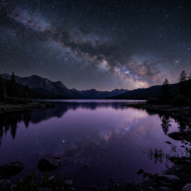 宇宙の星明かりを反射する静かな水面